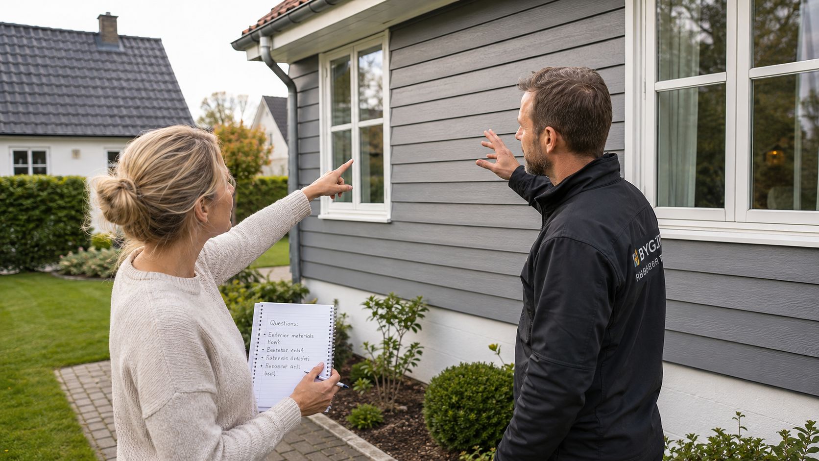 En kvinde og en håndværker diskuterer facaden på et hus, mens hun tager noter i en notesbog.