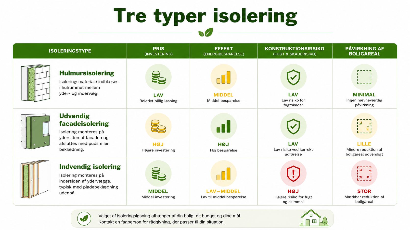 Sammenligning af tre forskellige typer isolering af ydervægge med fokus på pris, effekt og konstruktionsrisiko.