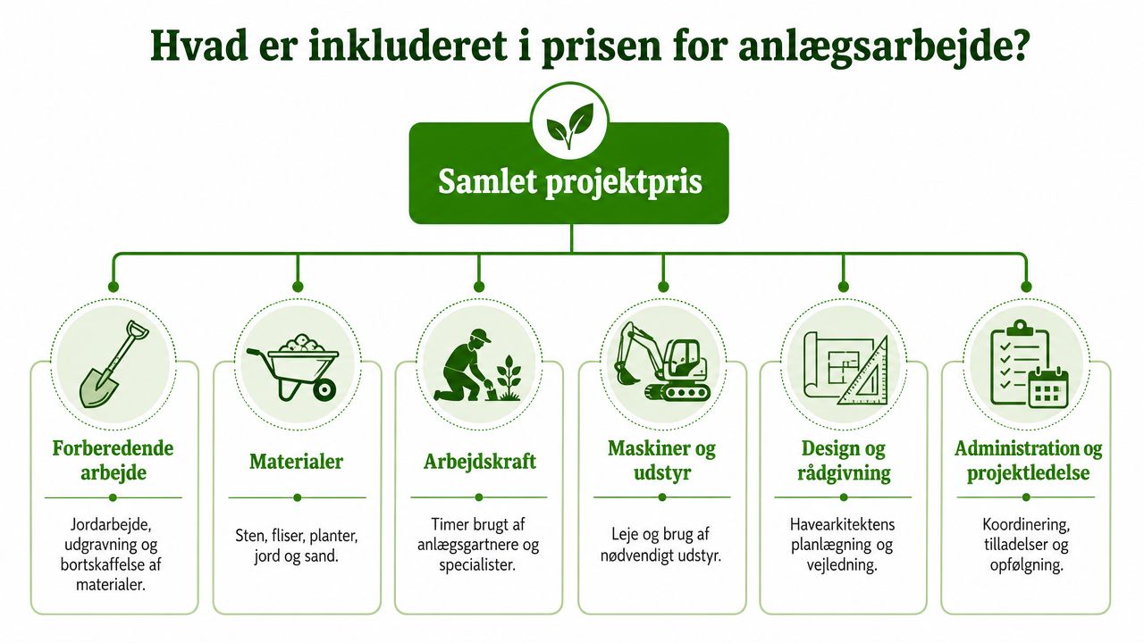 En infografik der viser hvad der indgår i den samlede pris for professionelt anlægsarbejde i haven.