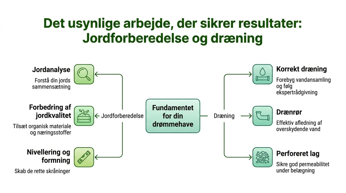 En infografik der viser vigtigheden af jordforberedelse og dræning som fundamentet for et succesfuldt haveanlæg.
