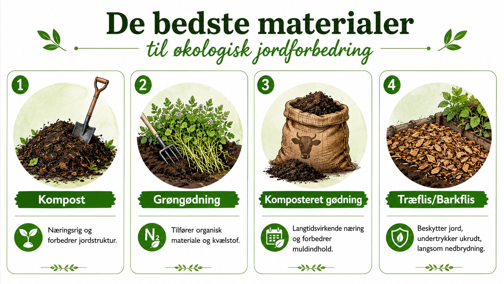 En infografik der viser de fire bedste naturlige materialer til økologisk jordforbedring i haven.