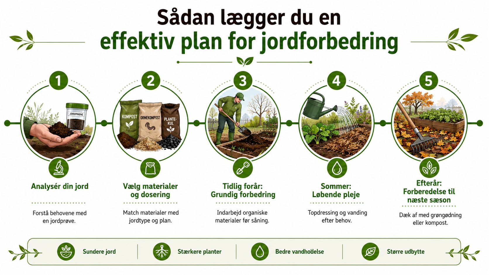 En infografik i fem trin, der viser hvordan man forbedrer sin havejord økologisk for bedre vækst.