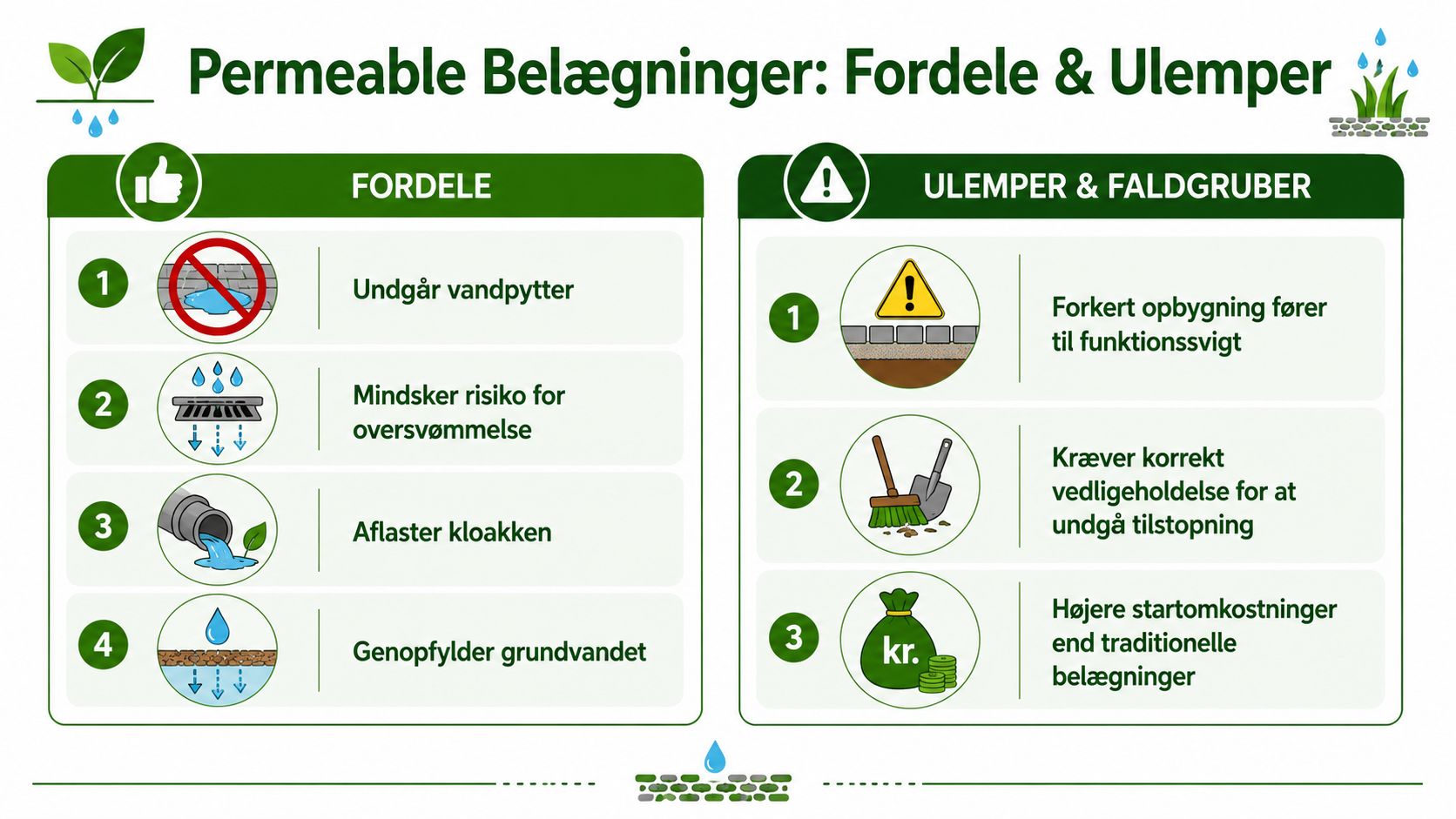 En infografik der viser fordele og ulemper ved at benytte permeable belægninger i haven eller indkørslen.