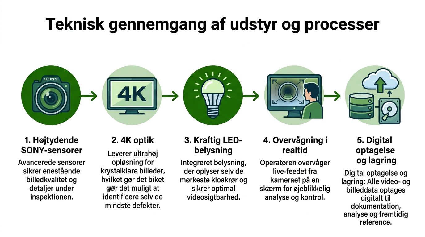 En procesgrafik der viser teknisk udstyr til TV-inspektion af kloak, fra kamera til digital datalagring.