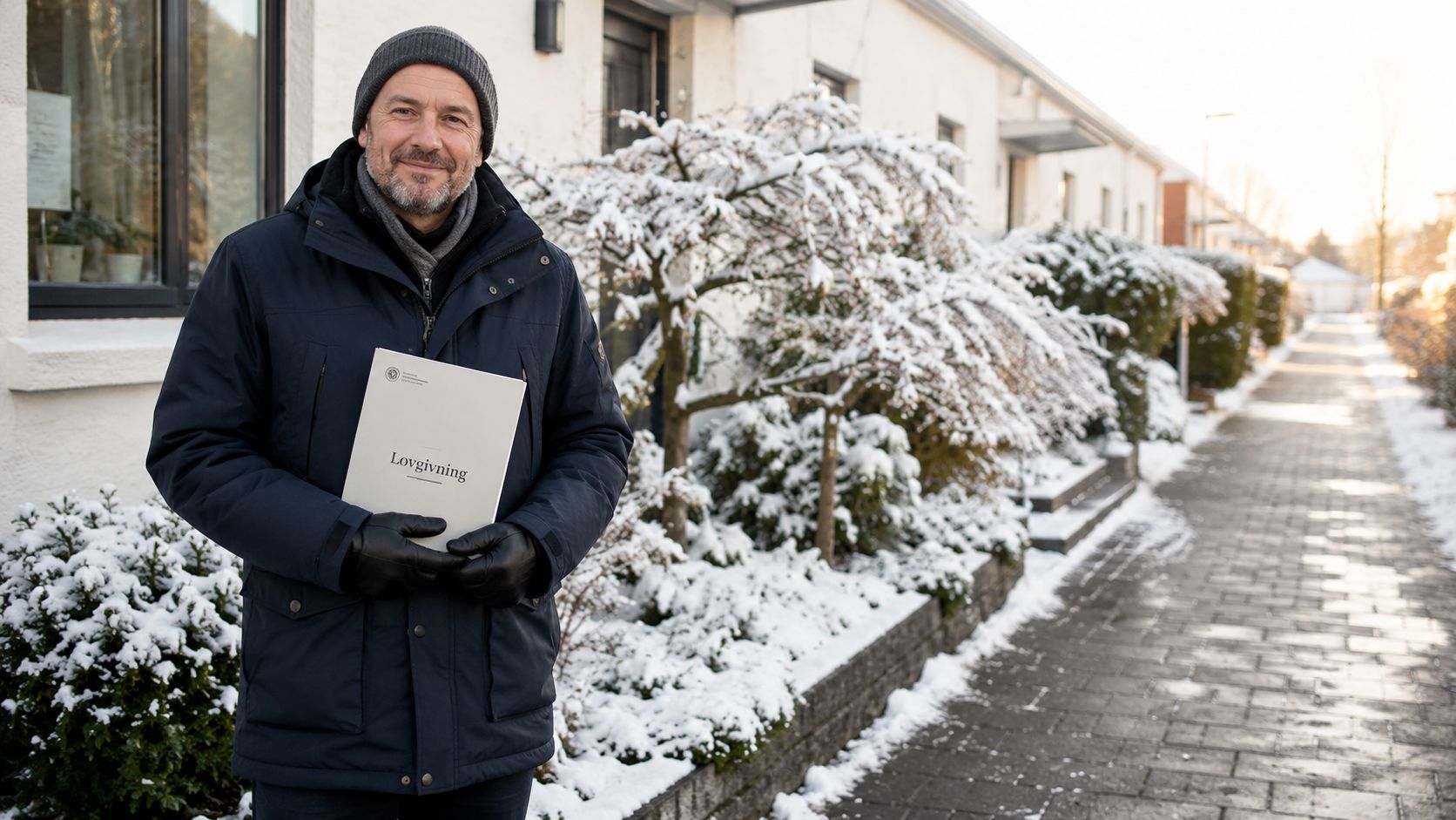 En mand i vintertøj holder en bog med teksten Lovgivning foran et sneklædt hus og fortov.