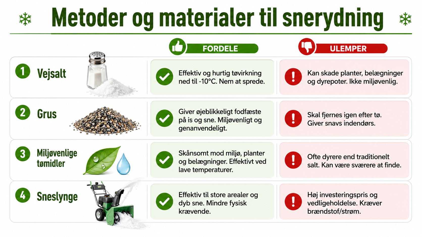 En sammenlignende infografik over forskellige metoder og materialer til effektiv snerydning og glatførebekæmpelse med fordele og ulemper.
