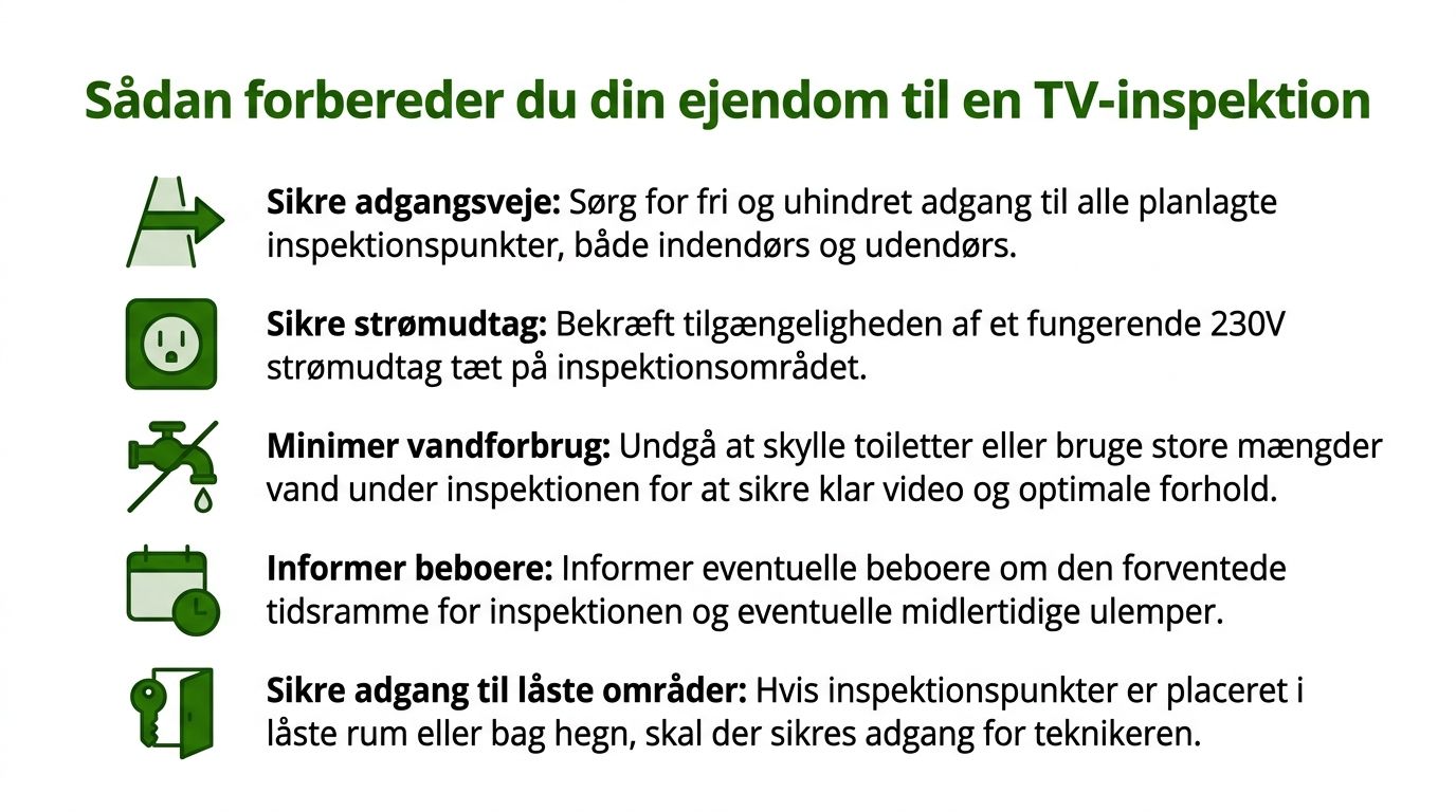 En liste med fem gode råd til hvordan man forbereder sin ejendom til en professionel TV-inspektion.