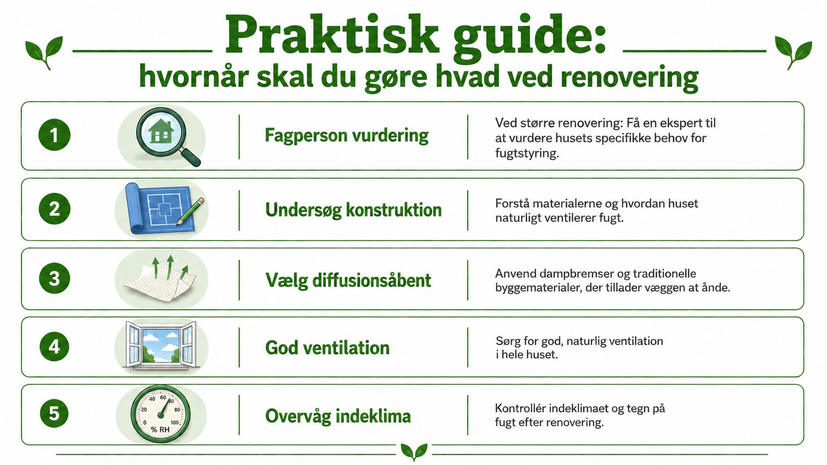 Praktisk guide med fem trin til hvordan du håndterer fugt korrekt under en renovering af din bolig.