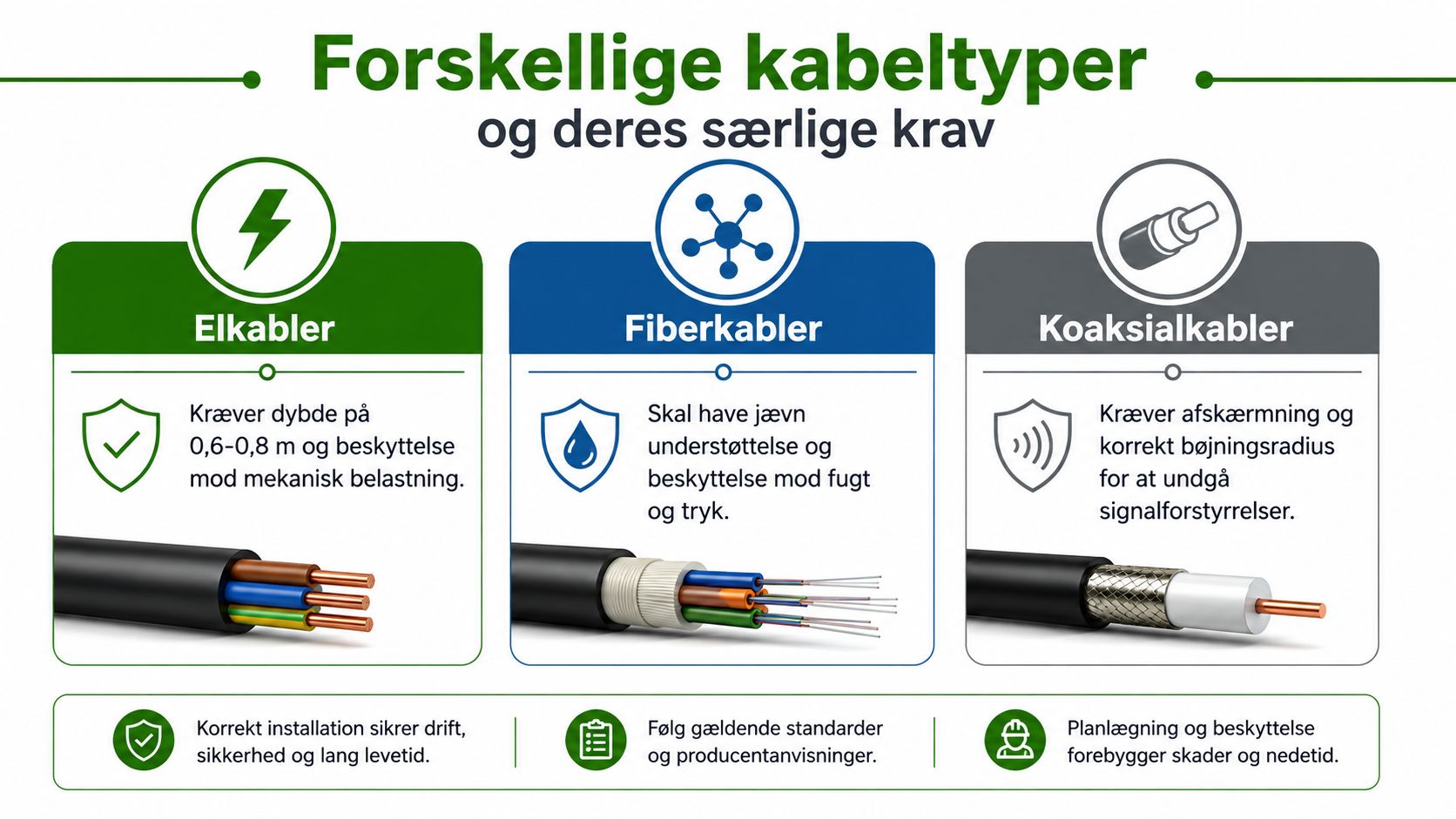 En infografik der viser installationskrav for elkabler, fiberkabler og koaksialkabler ved nedgravning og sikker installation.