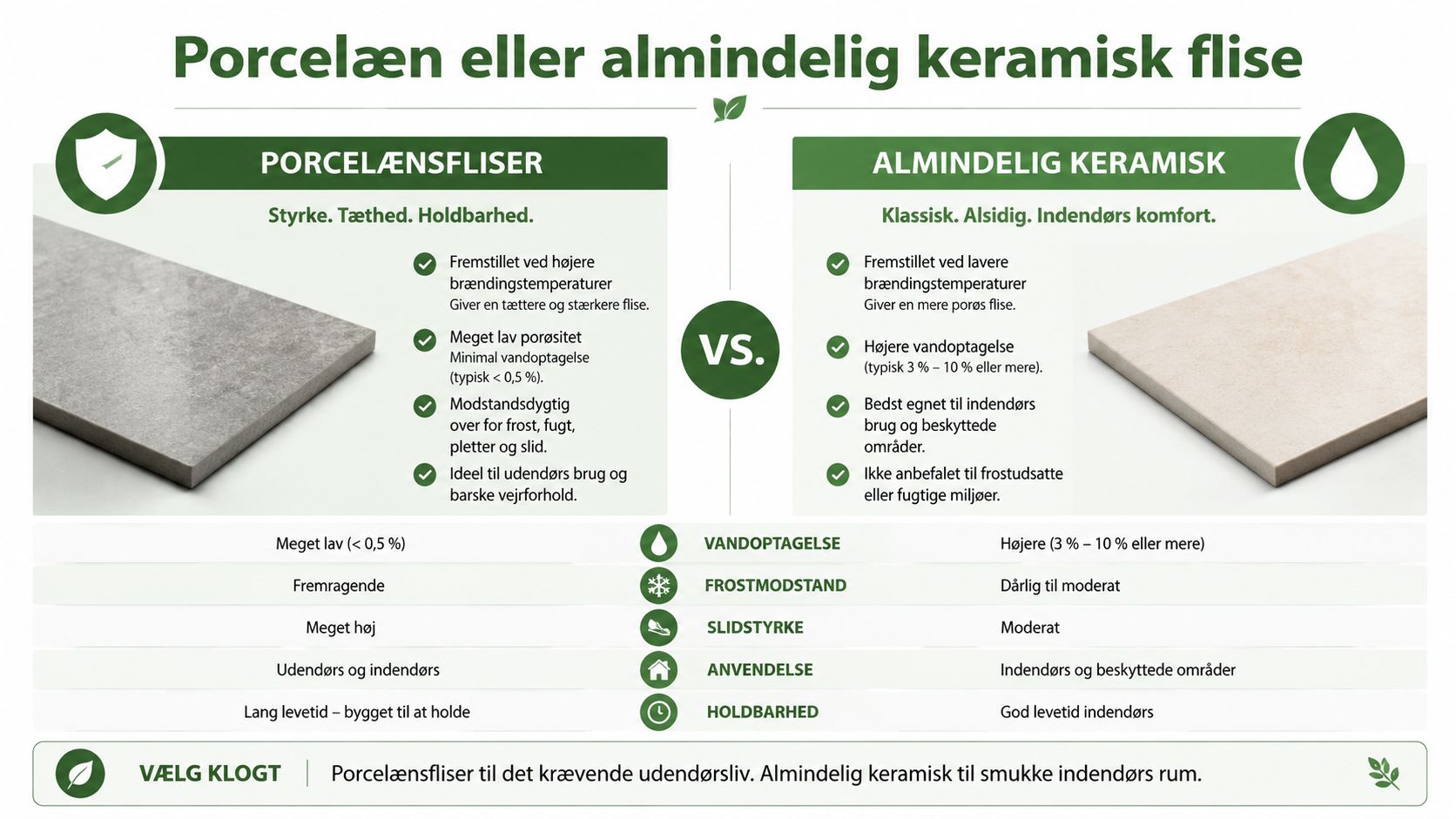 En sammenligningsgrafik der viser forskellene mellem porcelænsfliser og almindelige keramiske fliser baseret på styrke, holdbarhed og anvendelse.