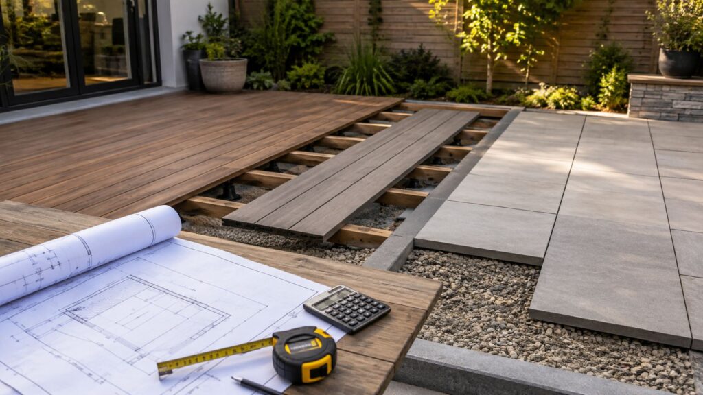 Byggeproces af udendørs terrasse med fliser og træplanker.