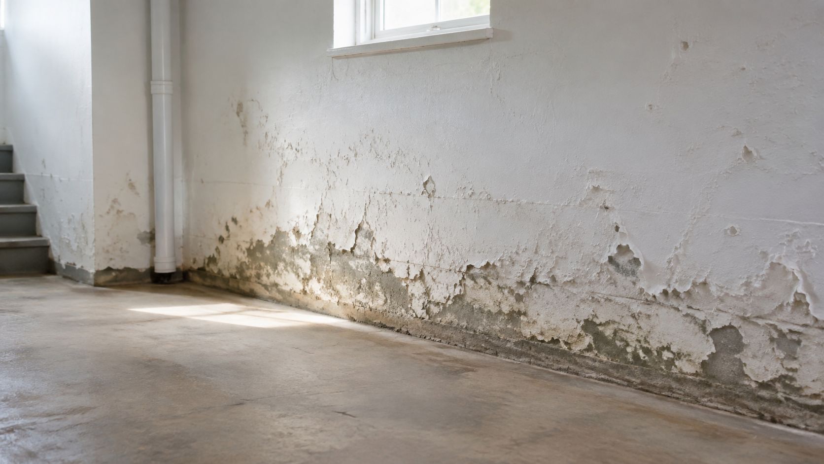En kældervæg med alvorlige fugtskader, hvor malingen skaller af på grund af opstigende fugt fra fundamentet.