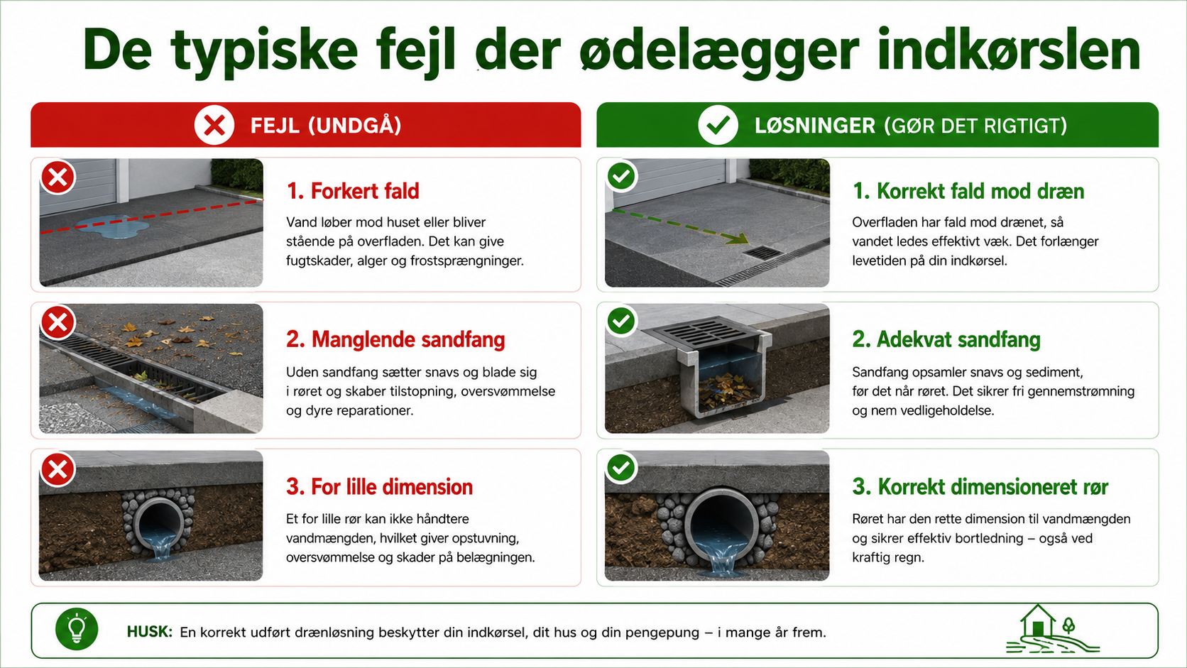 En infografik der viser tre almindelige fejl ved dræn til indkørsler og deres korrekte tekniske løsninger.