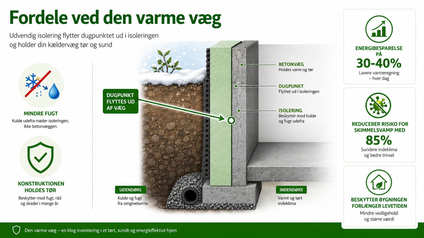 Illustration af kældervæg isolering med beton, isolering og fugtspærre.
