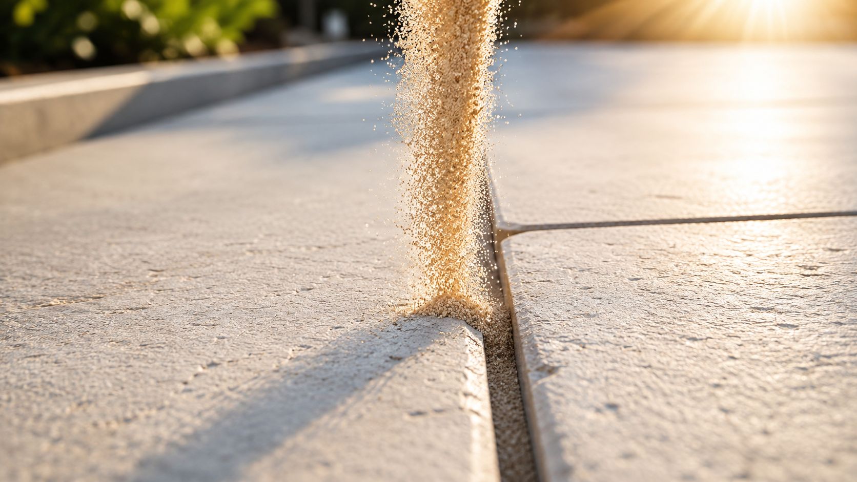 Sand bliver hældt ned i fugerne mellem lyse fliser på en solrig terrasse med naturligt lys.