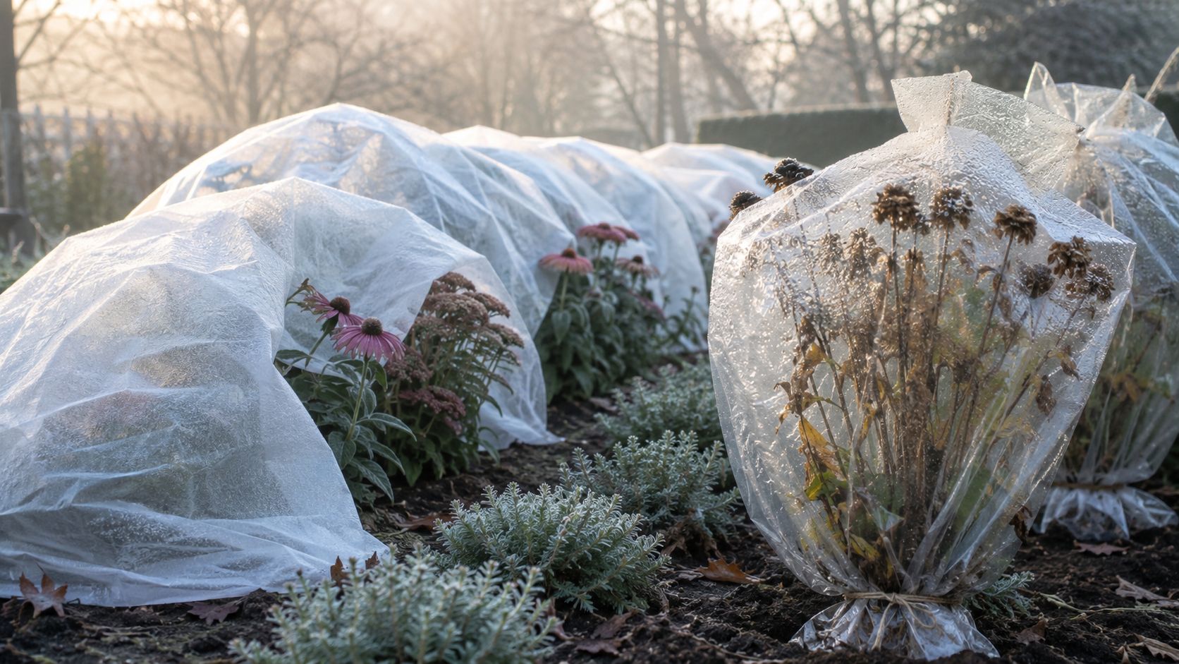 Planter i en have dækket med beskyttende hvidt stof for at modstå frost og koldt vintervejr.
