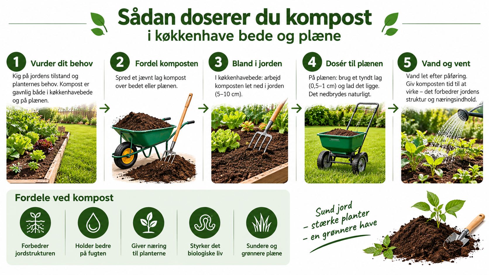 En guide i fem trin til korrekt dosering og brug af kompost i køkkenhave og på plæne.