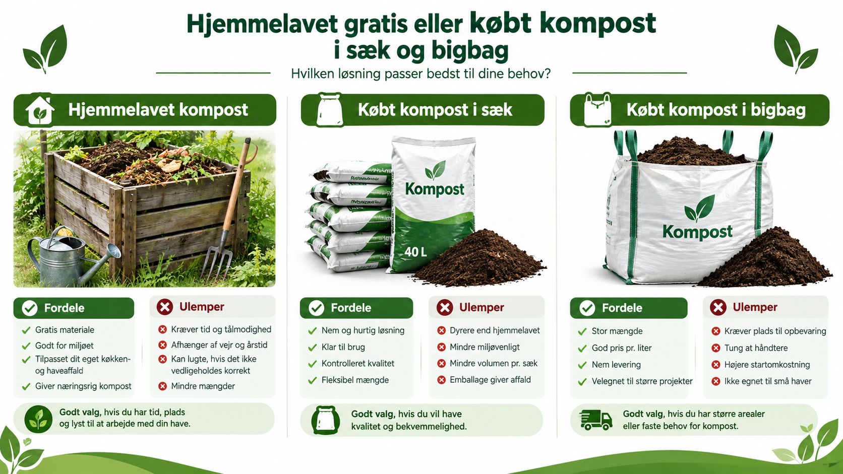 Sammenligning af hjemmelavet kompost, købt kompost i små sække og store bigbags til havearbejdet.