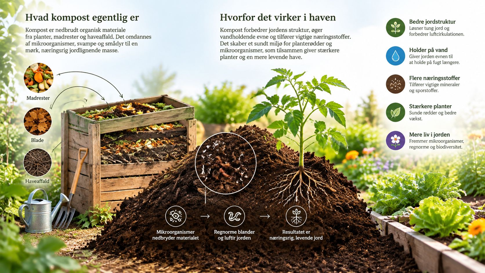 En infografik der viser hvordan kompostering fungerer, fra organisk affald til næringsrig jord for havens planter.