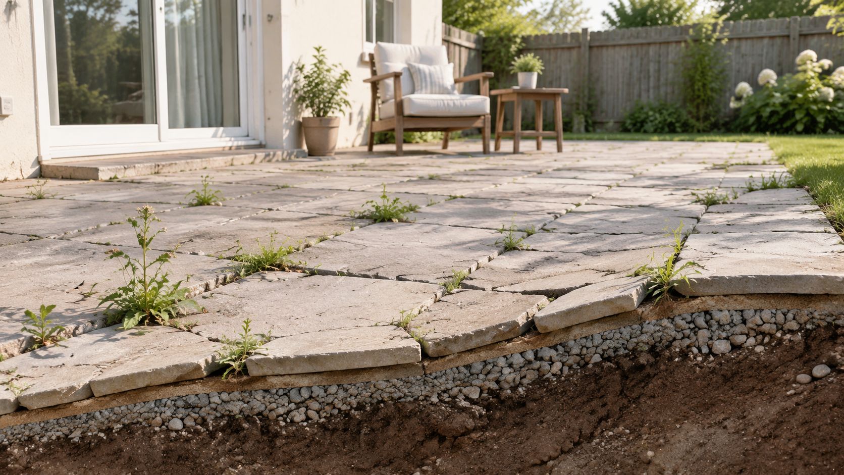 En eksisterende flisebelægning på en terrasse med et udgravet område, der viser fundamentet under stenene.