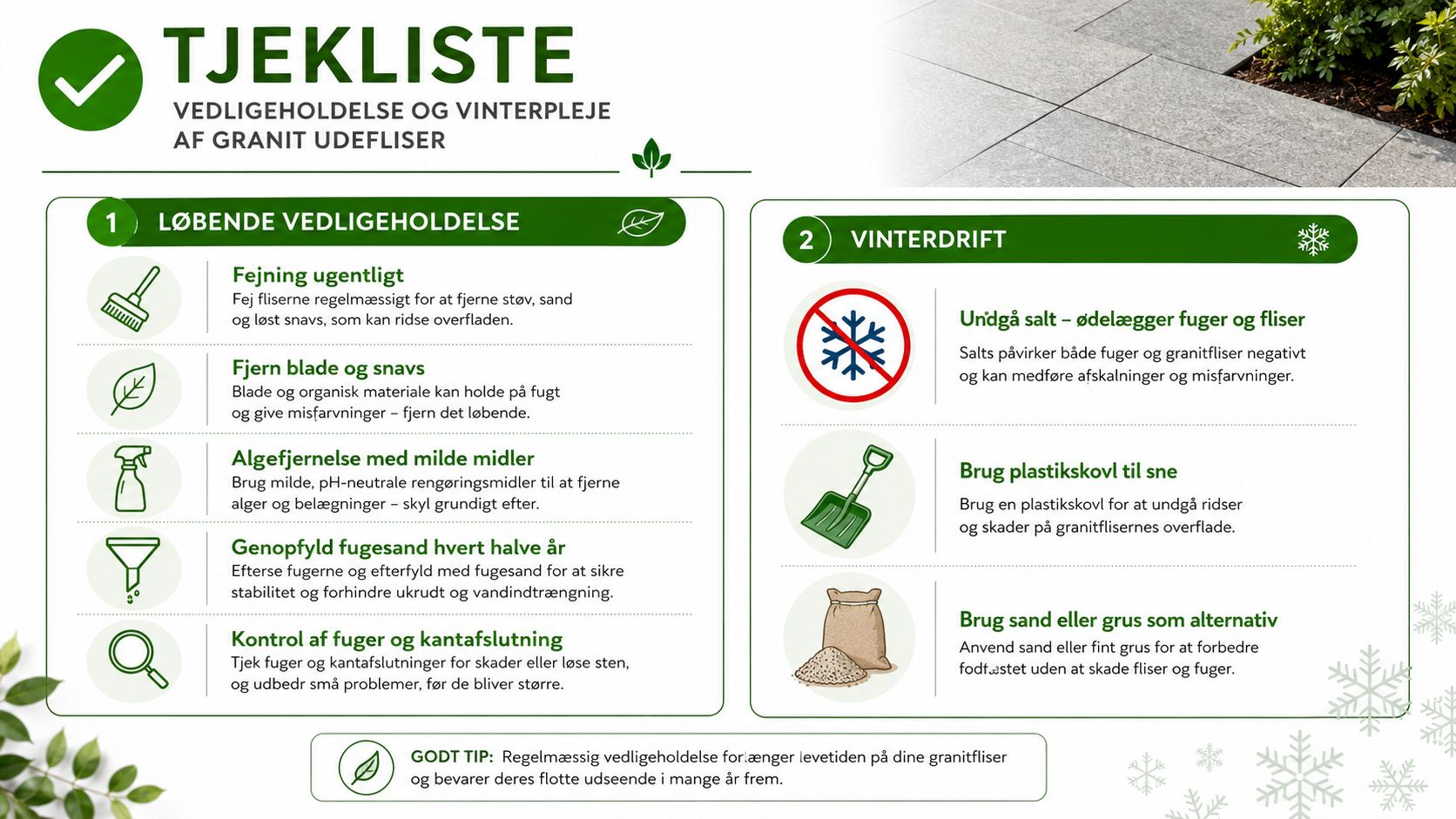 Tjekliste med gode råd til vedligeholdelse og vinterpleje af udendørs granitfliser for at sikre en lang levetid.