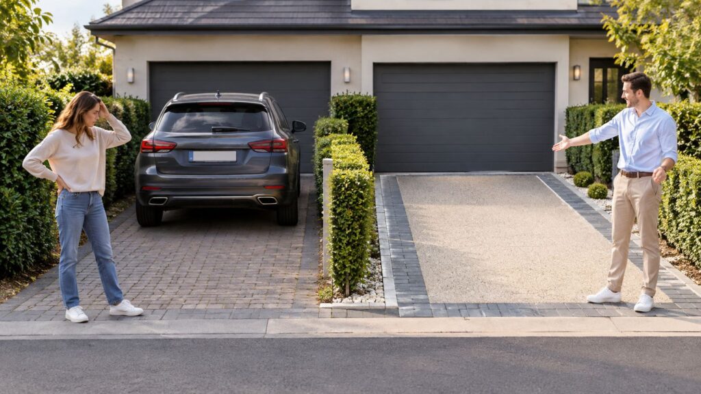 To personer står ved indkørslen til en moderne bolig med garage.