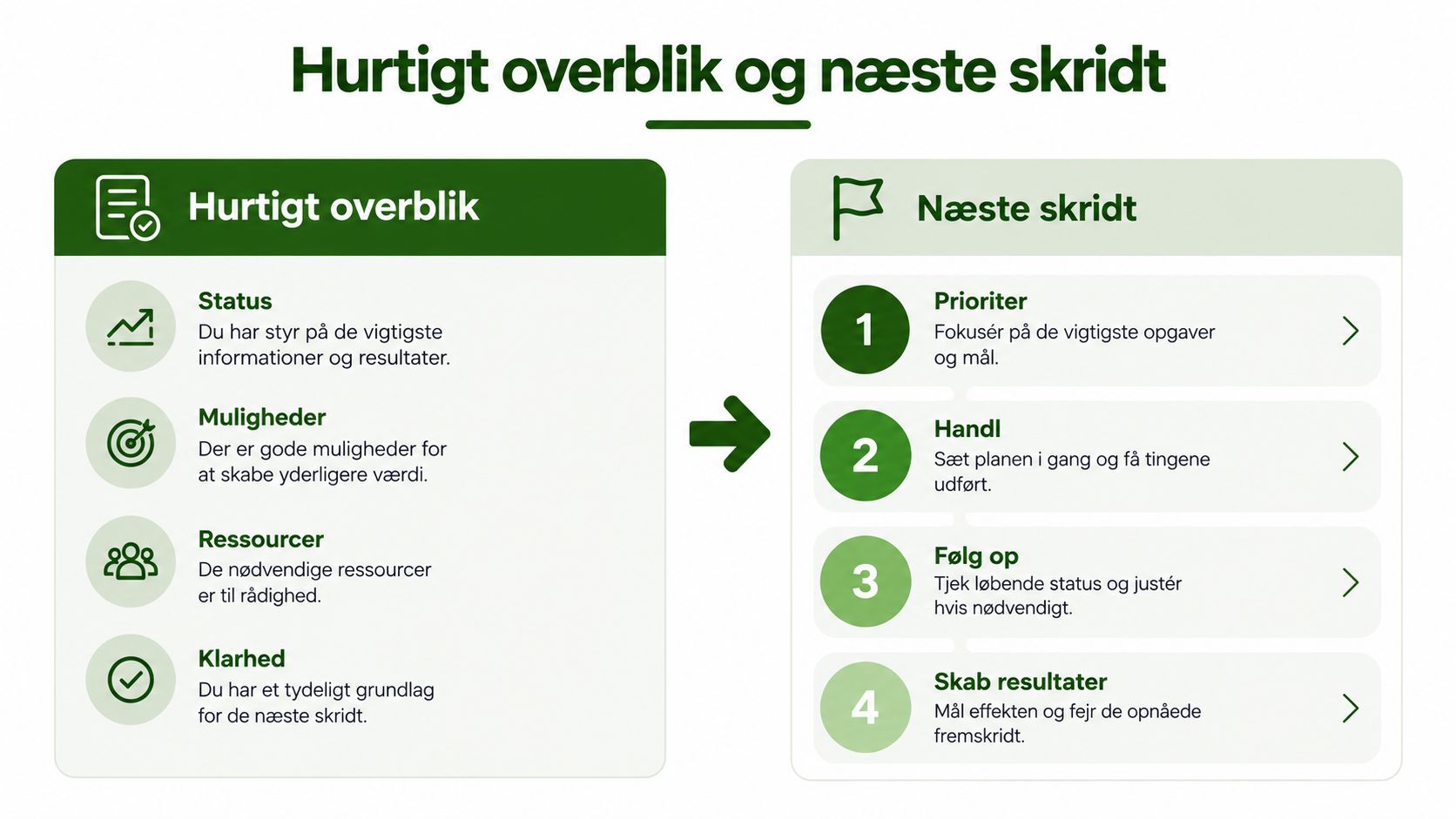 Grafisk oversigt der viser processen fra status og ressourcer til konkrete næste skridt og opfølgning.