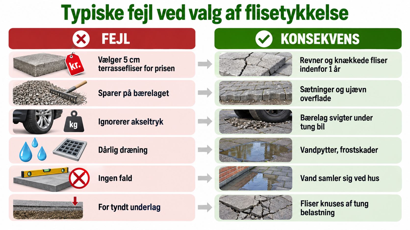 En infografik der viser typiske fejl ved valg af flisetykkelse og deres konsekvenser for belægningen.