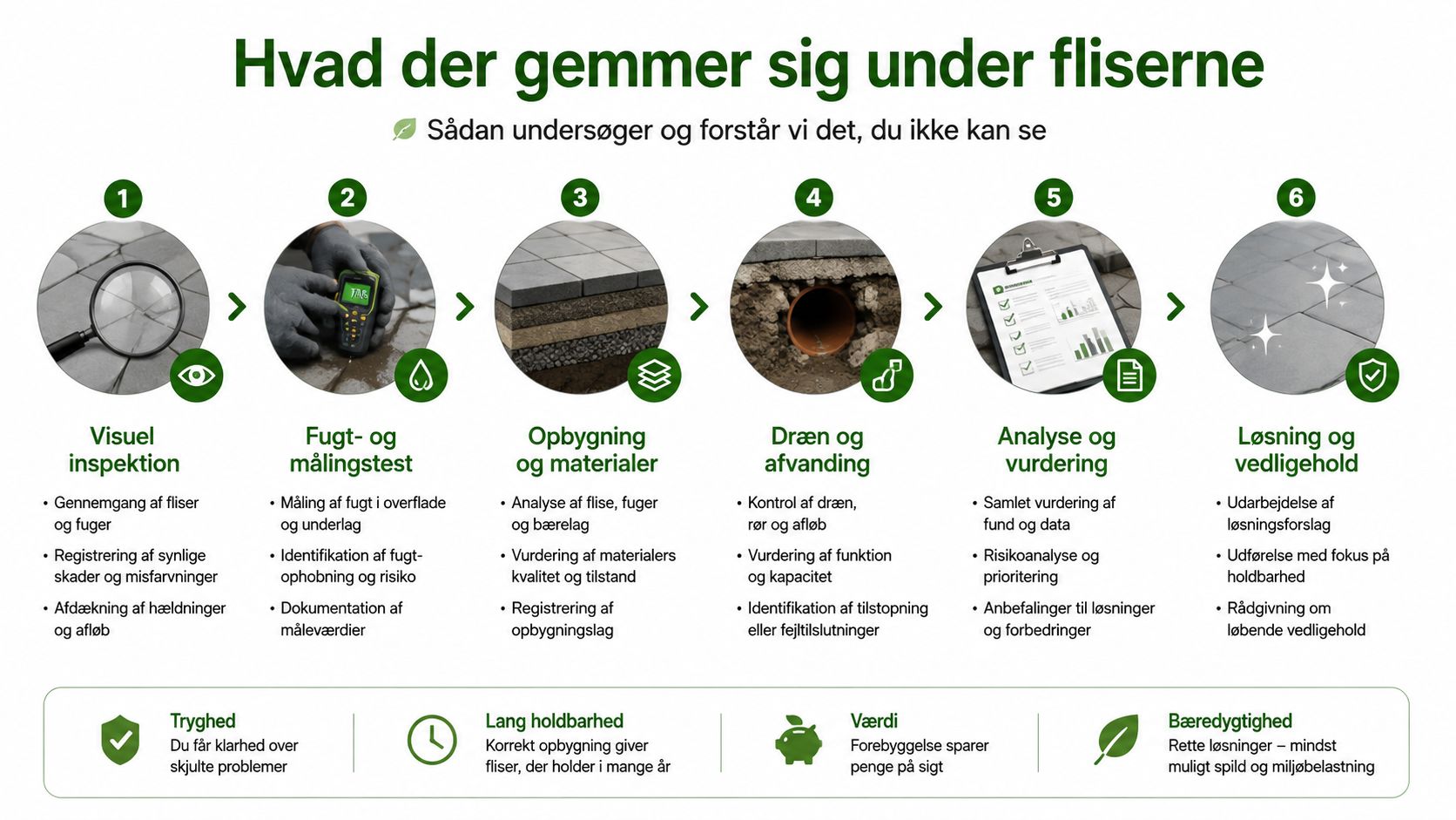 En procesgrafik der viser seks trin til inspektion og vedligeholdelse af flisebelægning i indkørsler og terrasser.