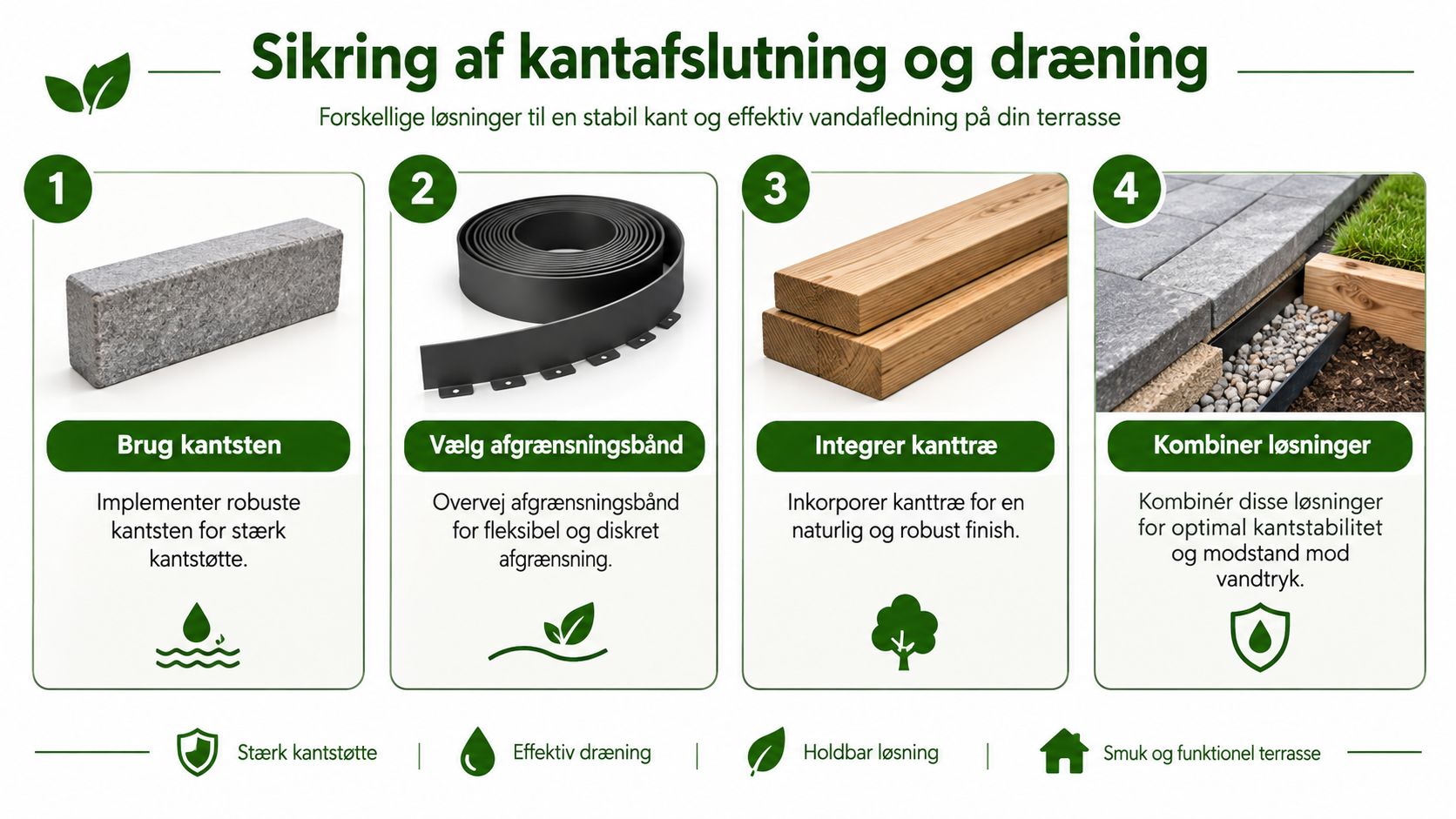 Illustration af fire løsninger til kantafslutning og dræning for en stabil og funktionel terrasse.