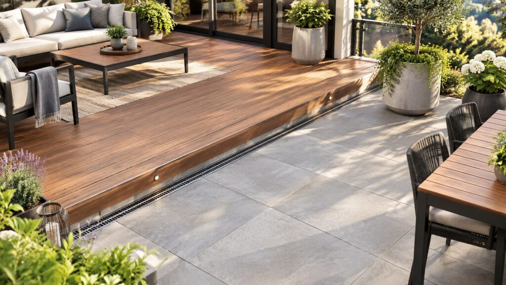 Elegant terrasse med træ- og flisebelægning og grønne planter.