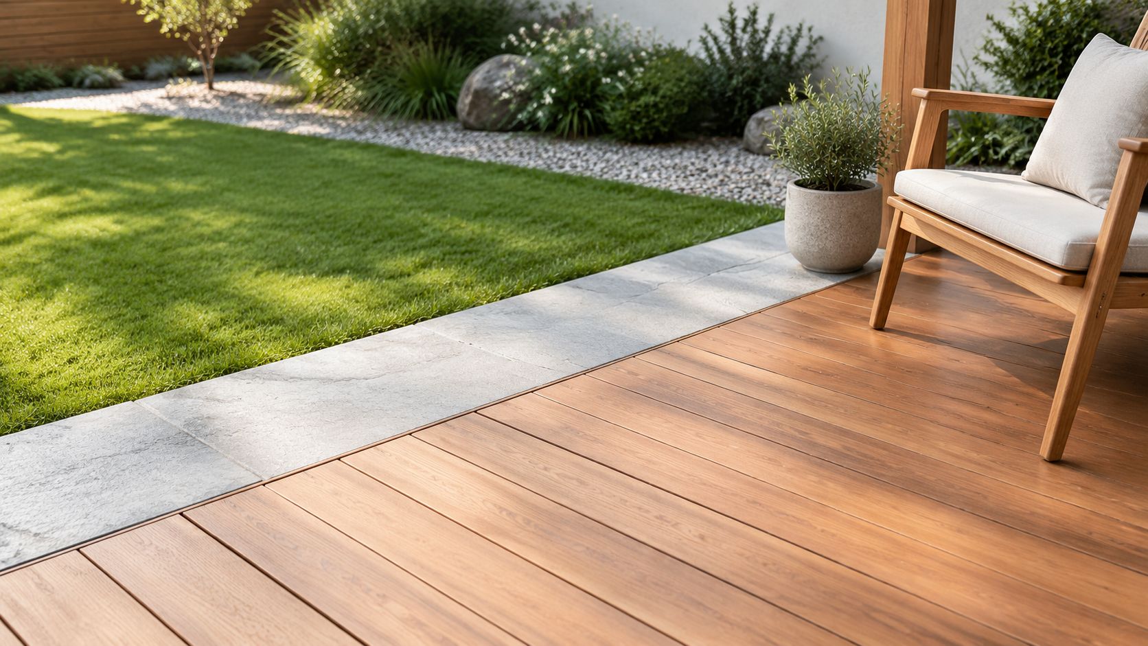 Moderne terrasse med en blanding af træplanker og stenfliser ved siden af en frodig grøn have