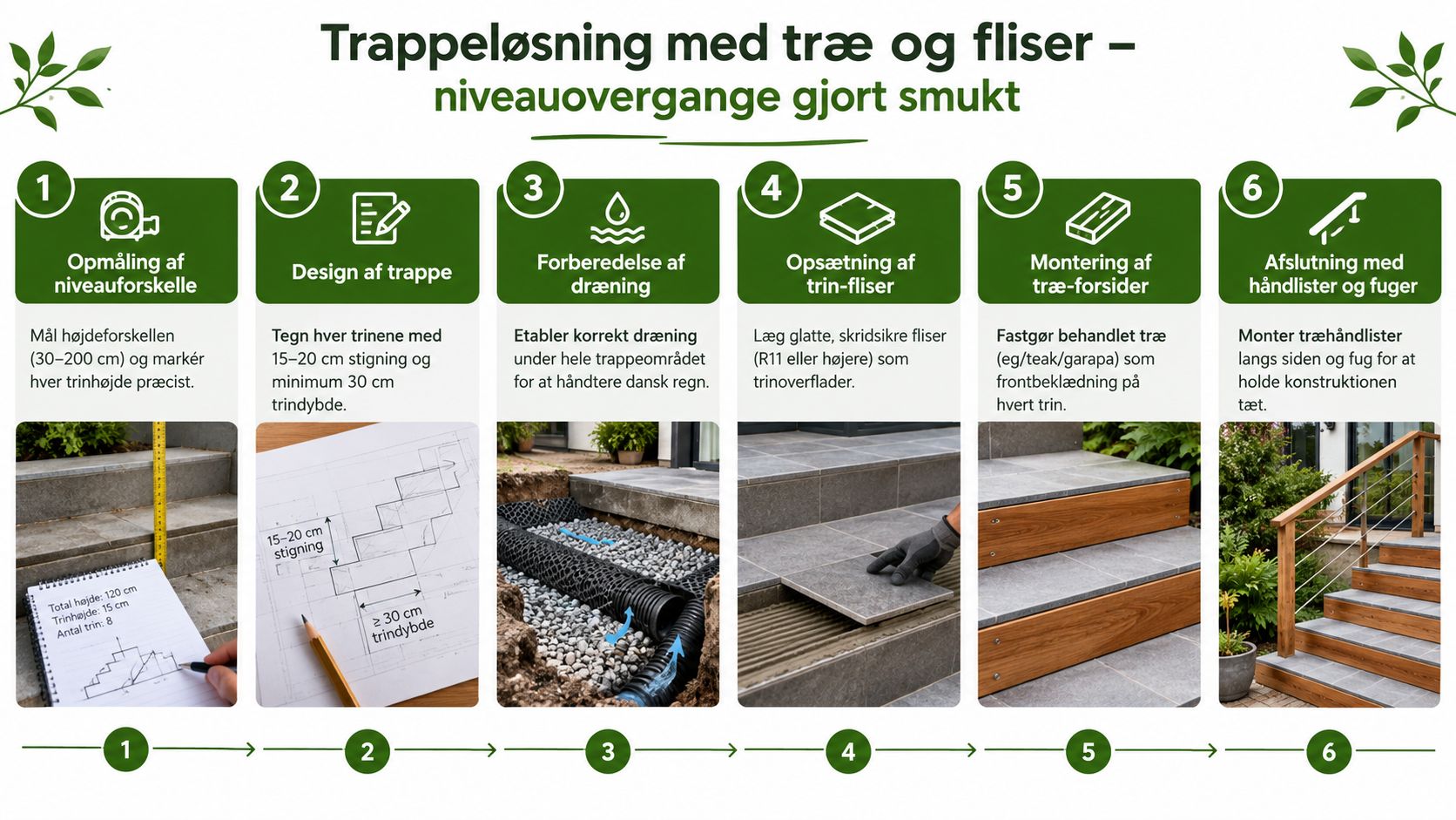 En guide i seks trin til hvordan man bygger en flot trappe med både træ og fliser.