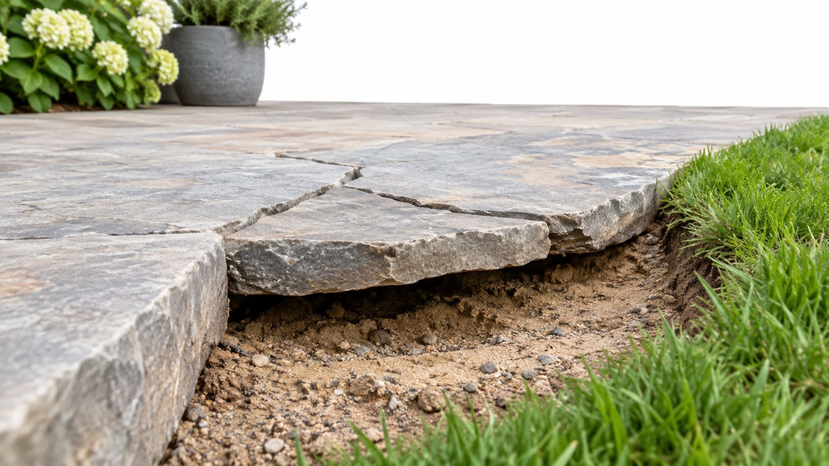 En kantprofil til fliser der viser manglende understøtning og erosion under en stenbelagt terrasse ved græsplænen.